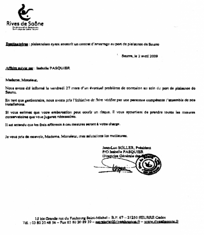 Fax adressé aux plaisanciers par le gestionnaire du port de Seurre