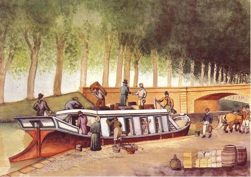 Barque de Poste du canal du Midi (dessin de F. Beaudoin - Musée de Conflans)