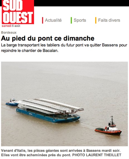 Une barge a livré les premiers tronçons du pont-levant Bacalan-Bastide (Sud-Ouest)