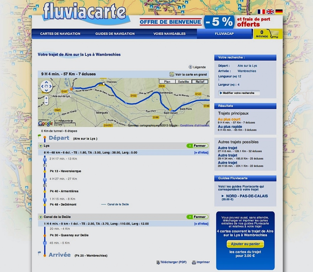Calcul d'itinéraires fluviaux - un écran de requêtes de Fluviacap