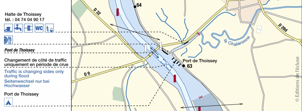 Halte de Thoissey à l'entrée de la Chalaronne (PK63,2 de la Saône)