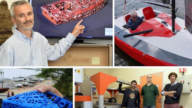 Philippe Roulin, architecte naval, avec Julien Lethuillier, chercheur, Baudouin Charrayre et Nicolas Durand, associés au projet travaillent sur le bateau imprimé en 3D. (Photos Ouest-France)