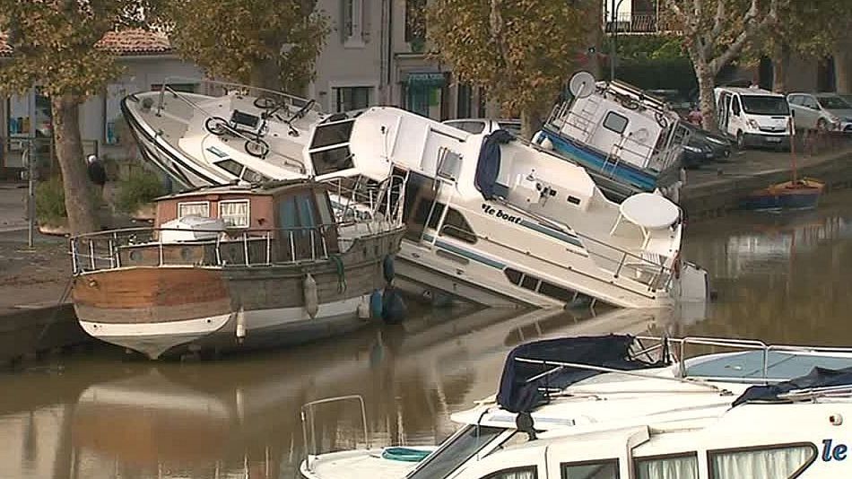 Trèbes (Aude) - les bateaux sur le Canal du Midi après les inondations - 18 octobre 2018. (Photo F3 LR)