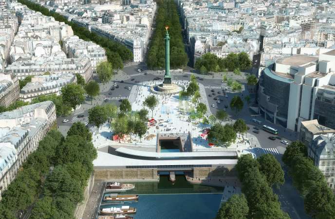 La future place de la Bastille ménage une « presqu’île » piétonne entre la colonne de Juillet et le bassin de l’Arsenal. (VILLE DE PARIS / IMAGE : LUXIGON)