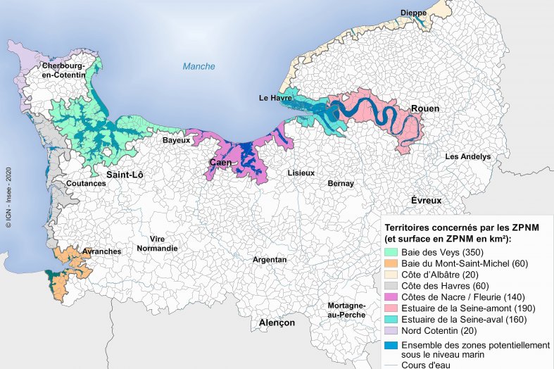 L'Insee a établi une carte des territoires menacés de submersions marines en Normandie. En Seine-Maritime, la vallée de la Seine et la Côte d'Albâtre sont concernées (Image D.R.)