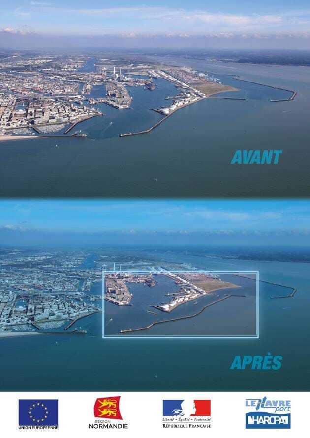 Une digue de 2 km permet de relier Port 2000 (à droite) au port historique (à gauche).(Photos DR)