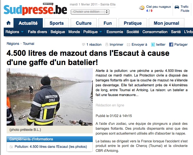 4.500 litres de mazout dans l'Escaut (SudPresse.be)