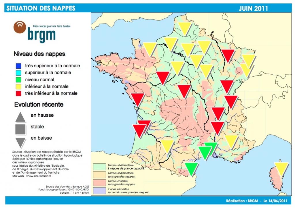 Le niveau des nappes phréatiques en juin 2011 (Doc. BRGM)