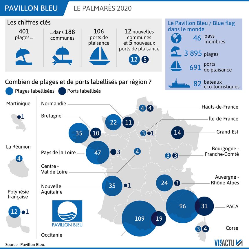 La carte des plages et des ports labellisés en 2020. (Image Visactu)