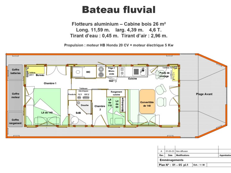 Houseboat 11,59 x 4,39 - construction à terminer